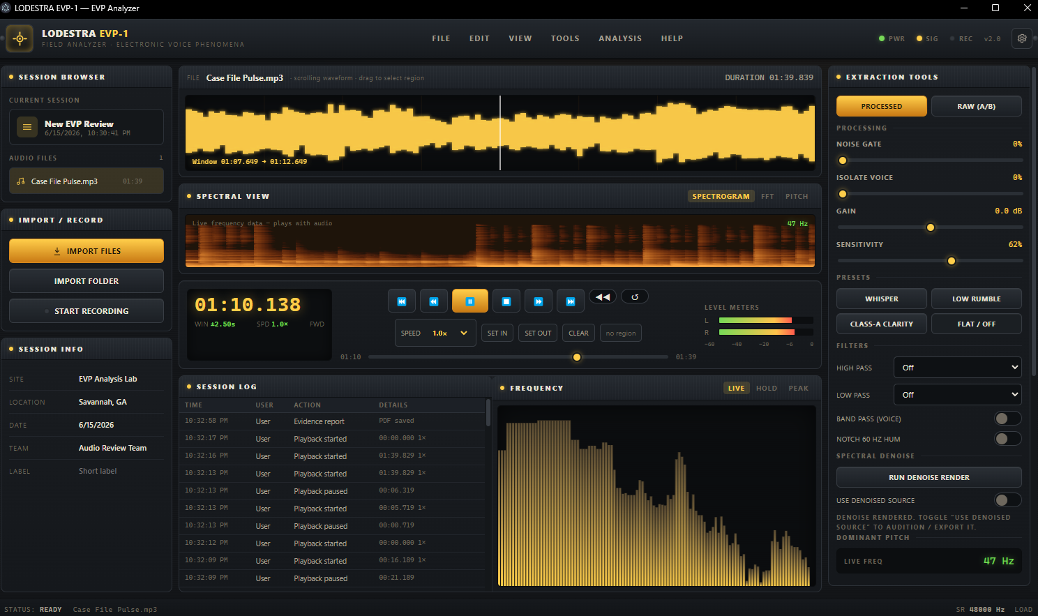 Screenshot of the Lodestra EVP-1 Field Analyzer showing audio waveform, spectral view, and event marking tools