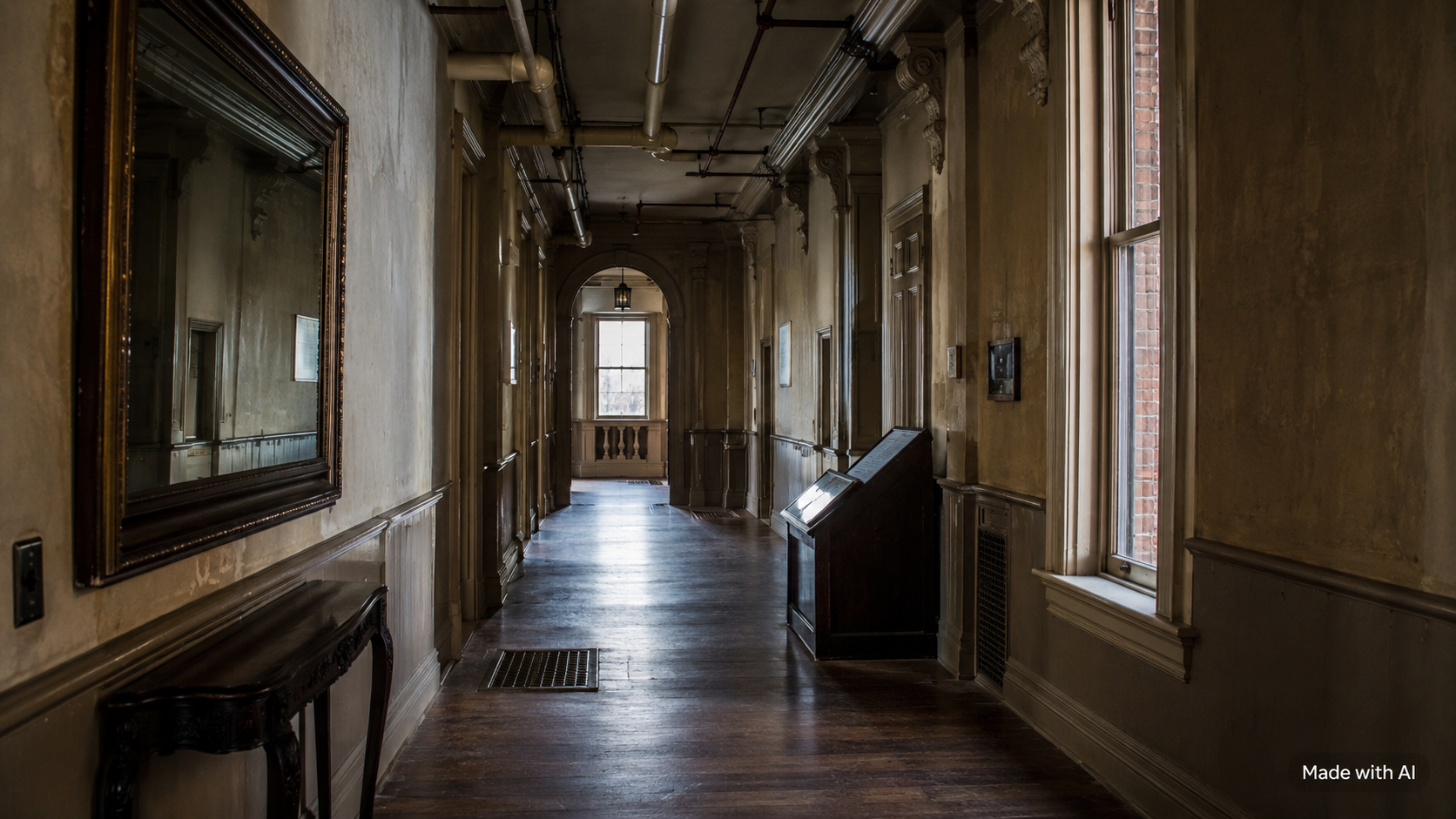 A historic hallway photographed in natural low light, with visible vents, pipes, windows, and reflective surfaces