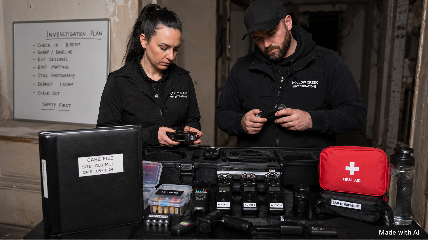 Investigators checking equipment beside a case folder, flashlight, first aid kit, batteries, and labeled recorders before entering a location