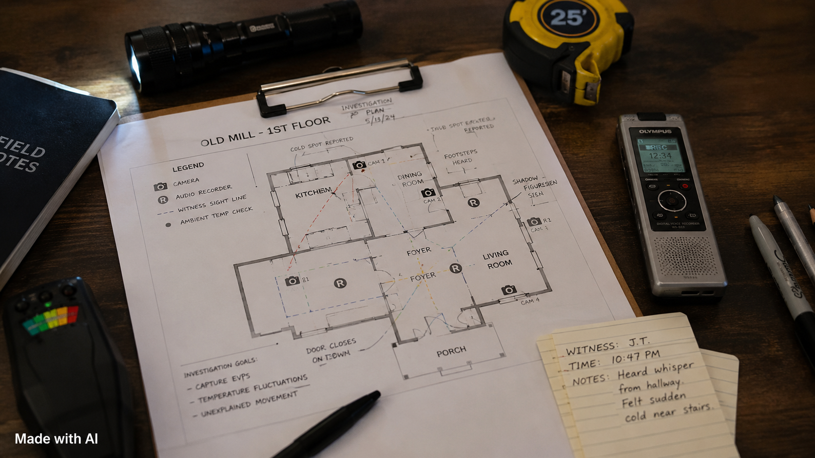 Paranormal investigation team preparing documentation and equipment in the field