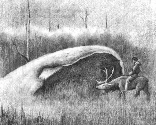 Pencil illustration of a hunter on reindeer approaching a large smooth dome-like structure partly buried in the Siberian taiga