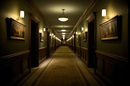 Dim hotel corridor with closed doors and low lighting stretching into the distance
