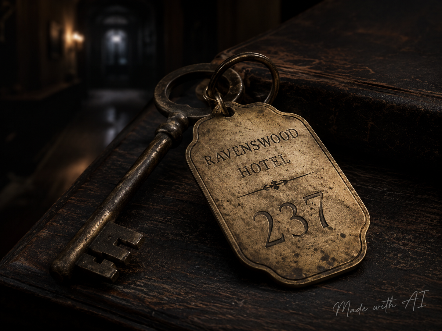 Close-up of an antique hotel room key with brass room number tag