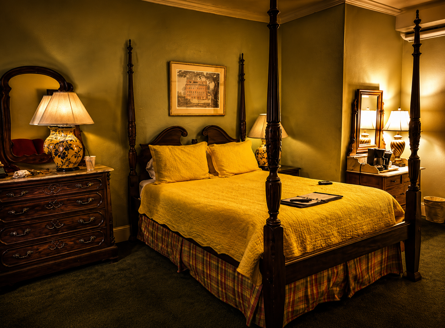 Historic hotel room interior with neatly made bed and curtains partly open