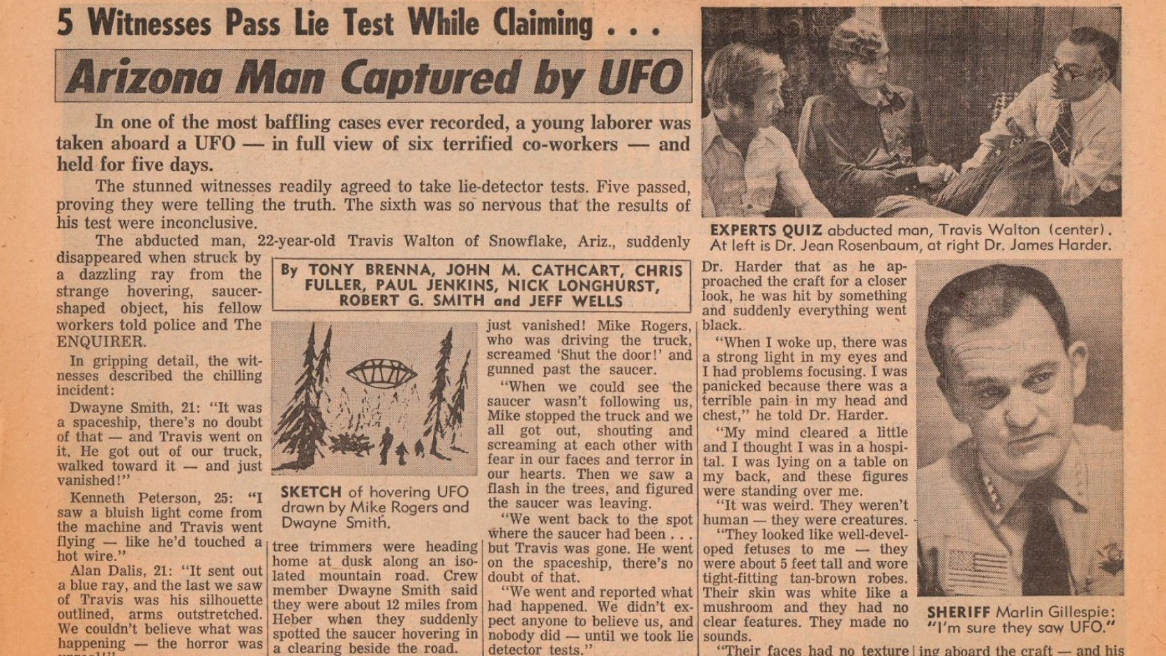 National Enquirer front page: '5 Witnesses Pass Lie Test While Claiming Arizona Man Captured by UFO'