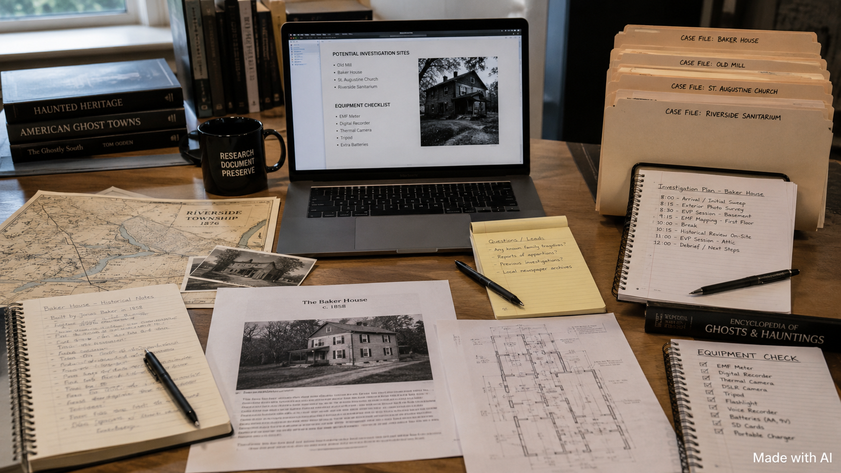 A research desk with notebooks, printed historical records, a laptop, maps, and labeled case folders suggesting pre-investigation preparation