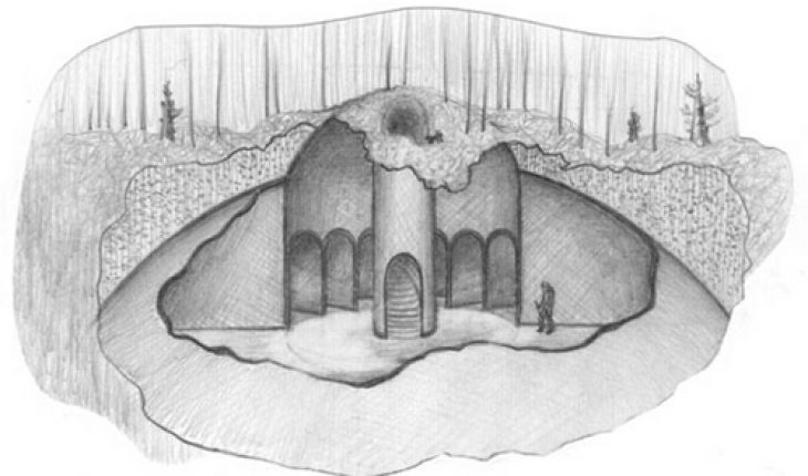 Pencil illustration showing a cross-section of a buried cauldron structure beneath the Siberian taiga, with a small human figure inside for scale